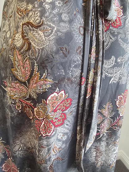 Vintage grey and burgundy wrap midi dress muted paisley S