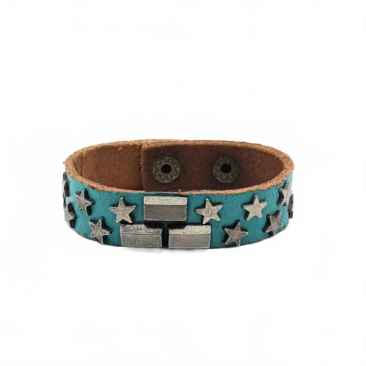 Genuine Vintage aqua blue stars leather 80s bracelet