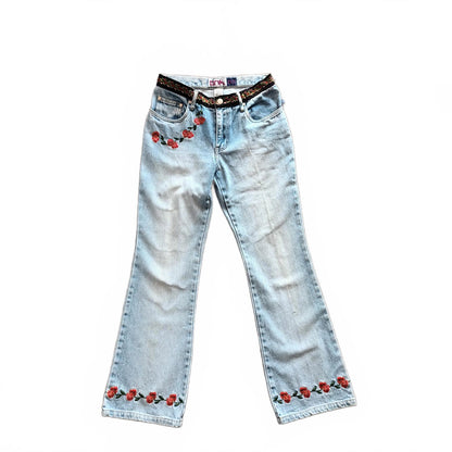 Vintage embroidered floral flared denim jeans. DNA Jeans Y2k