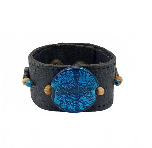 Hand made leather and beaded vintage cuff