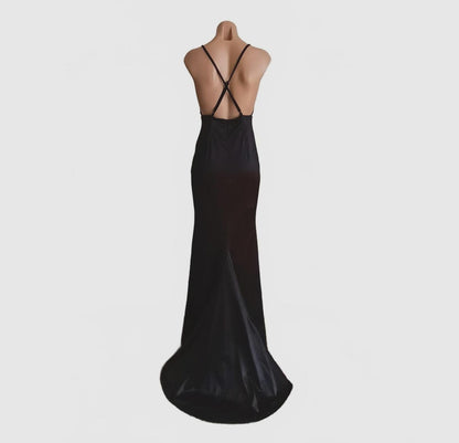Vintage backless evening gown black sateen fishtail.