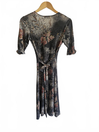 Vintage grey and burgundy wrap midi dress muted paisley S