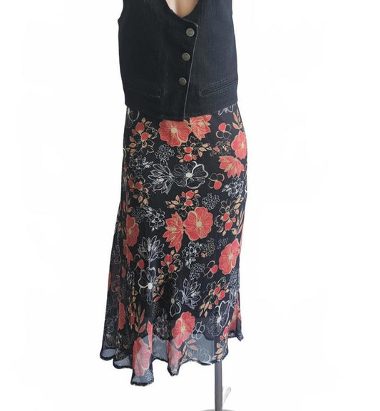 Vintage 90s ella J Black floral asemetrical skirt.