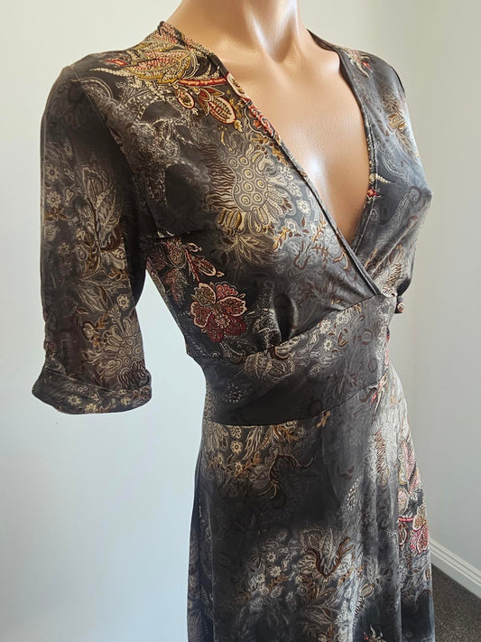 Vintage grey and burgundy wrap midi dress muted paisley S