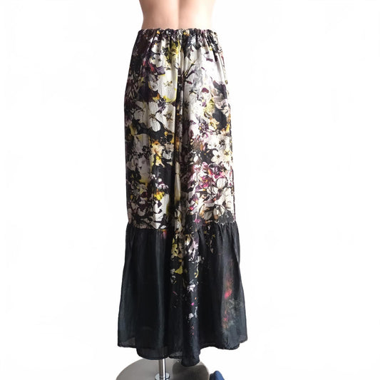 Silk portmans black floral maxi tiered skirt