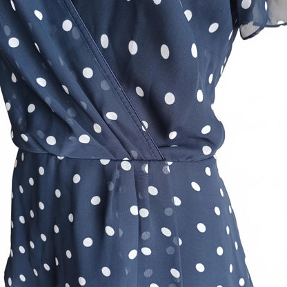 Navy spotted two piece peplum vintage Katies chiffon suit.
