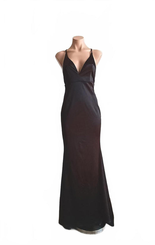 Vintage backless evening gown black sateen fishtail.
