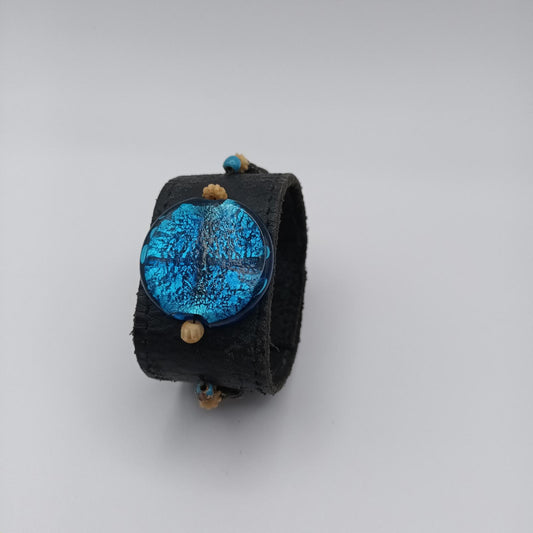 Hand made leather and beaded vintage cuff