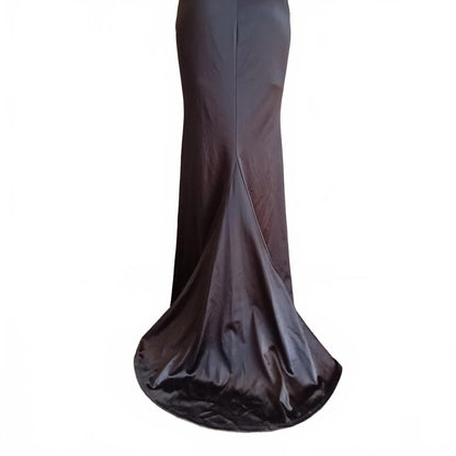 Vintage backless evening gown black sateen fishtail.
