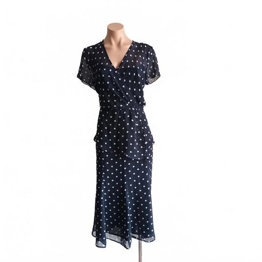 Navy spotted two piece peplum vintage Katies chiffon suit.