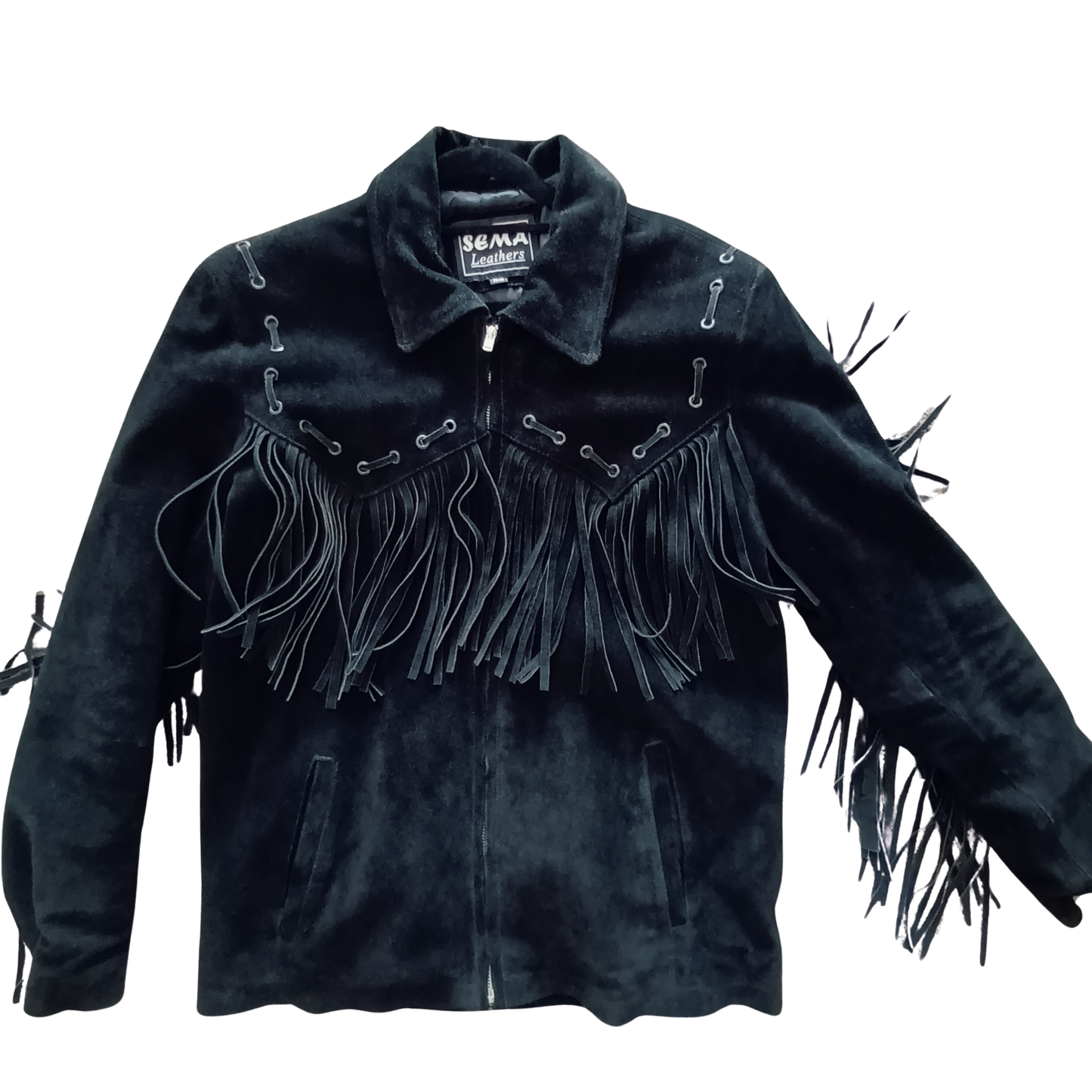 Vintage black suede unisex fringed western jacket Modeshy