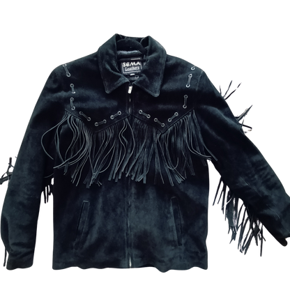 Vintage black suede unisex fringed western jacket Modeshy