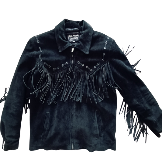 Vintage black suede unisex fringed western jacket Modeshy