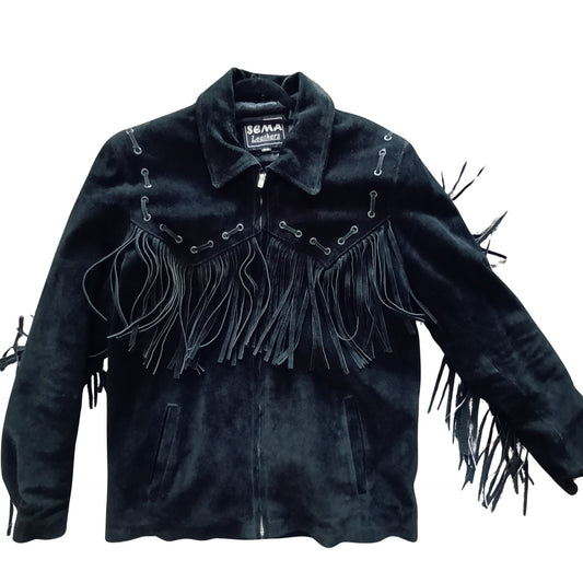 Vintage black suede unisex fringed western jacket Modeshy