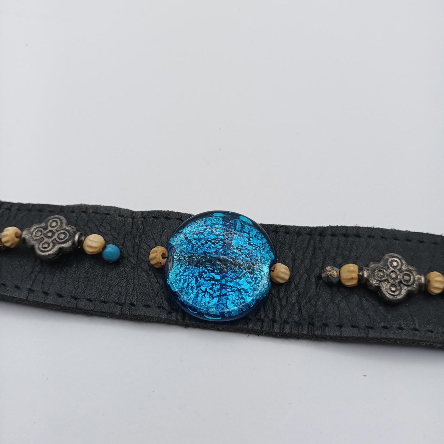 Hand made leather and beaded vintage cuff