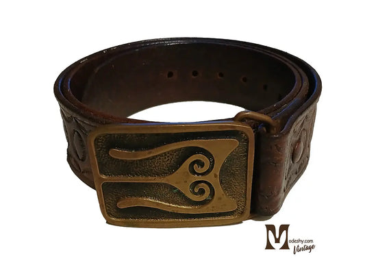 Vintage Leather hand carved belt with brass buckle Modeshy