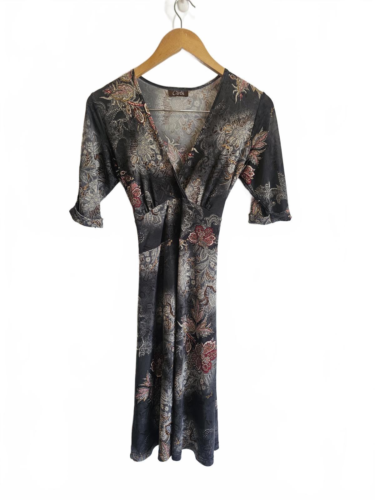 Vintage grey and burgundy wrap midi dress muted paisley S