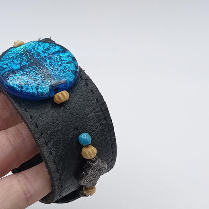Hand made leather and beaded vintage cuff