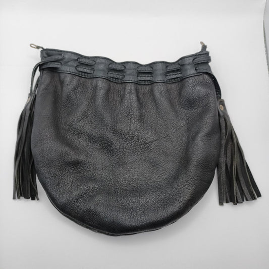 Black leather studded fringed clutch bag