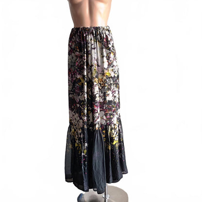 Silk portmans black floral maxi tiered skirt
