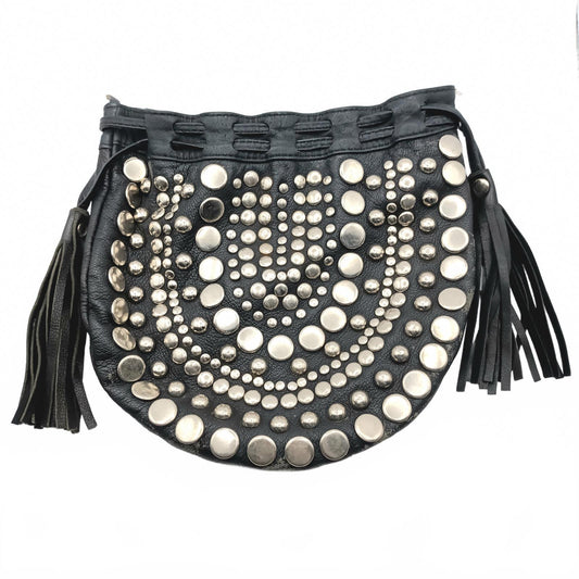 Black leather studded fringed clutch bag