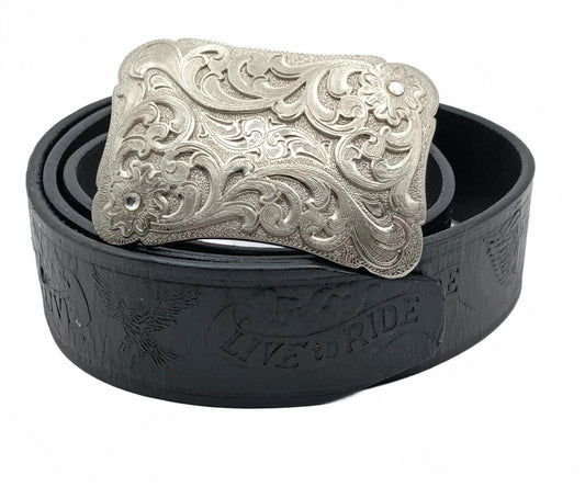 Vintage black tooled leather Live to ride silver buckled belt.