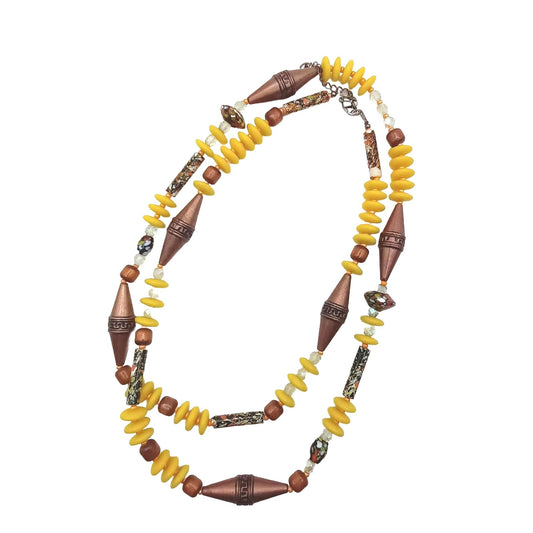 Yellow and bronze beaded necklace with hand painted glass beads.