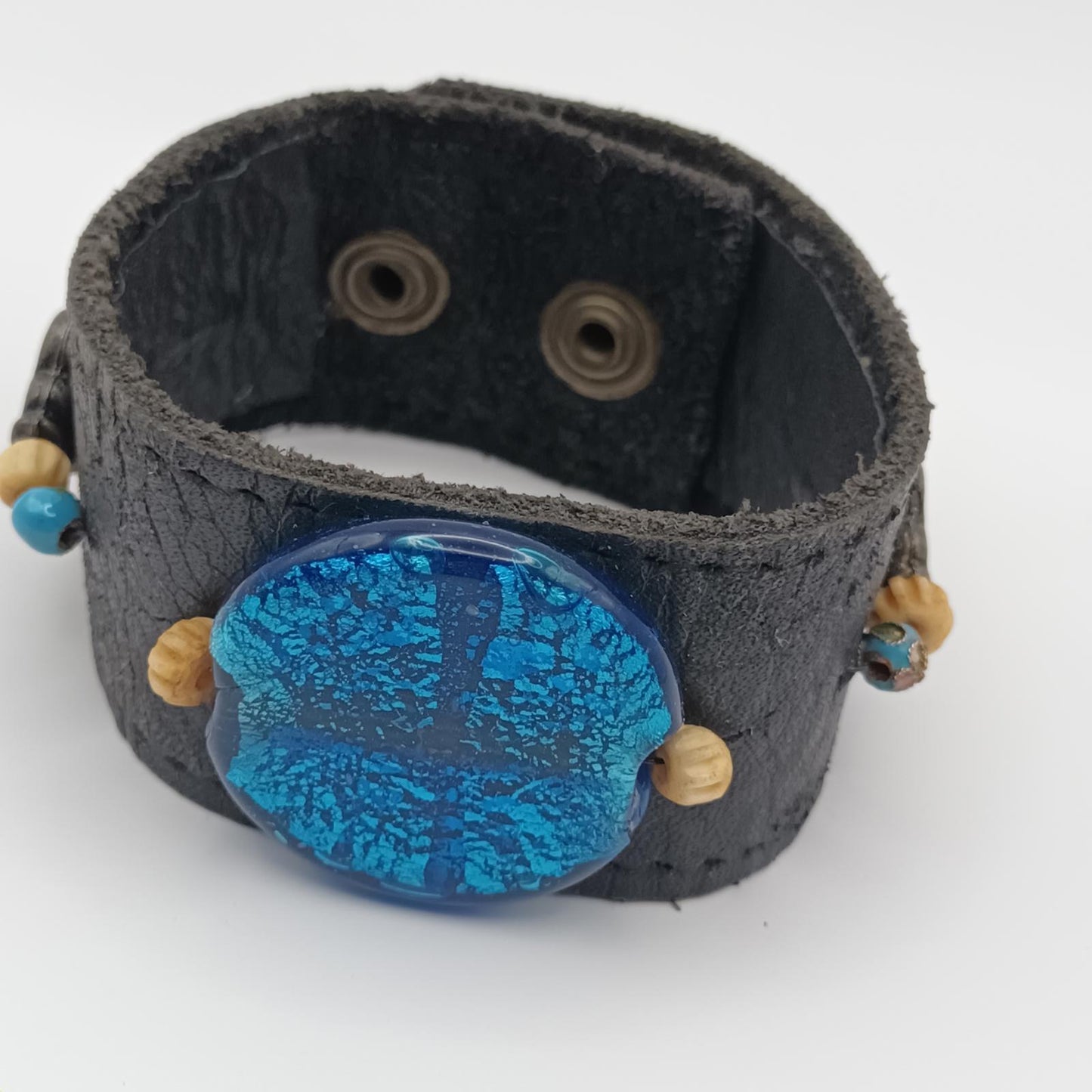 Hand made leather and beaded vintage cuff