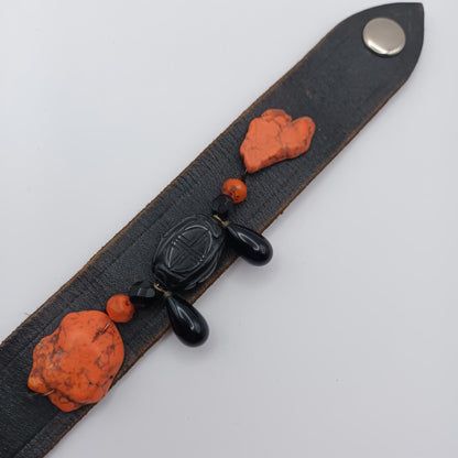 Vintage Handmade black leather cuff with black oriental stone embellishments.
